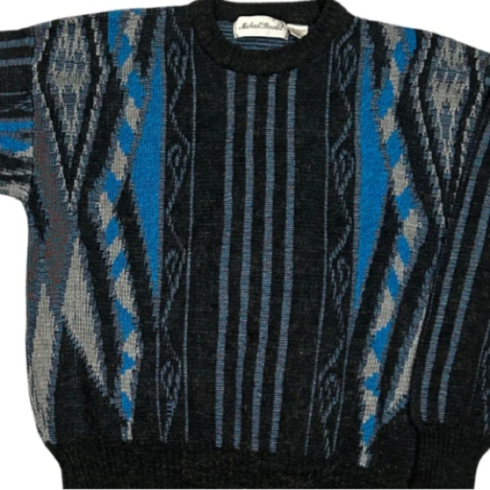 Vintage Michael Gerald Wool Blend Patterned Crew Sweater | Blue/Grey | Size L